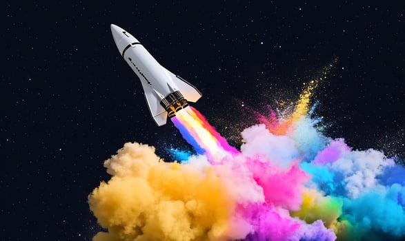 Rocket launch, colorful smoke trail, space background, startup concept photo