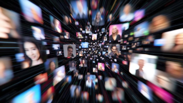 Global network, diverse faces converging, digital connections, background motion blur, website banner photo