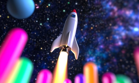 Rocket launching into space colorful background, startup concept photo
