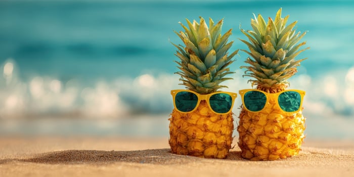 The playful pineapples wearing sunglasses enjoy a sunny beach day. photo