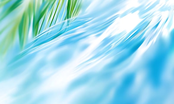 Tropical water flowing, palm leaves, bright sunlight, summer background, website design photo