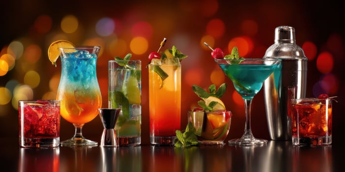 The vibrant assortment of cocktails showcasing colorful summer beverages. photo