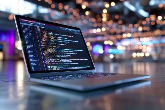 Laptop coding, night event, blurred background, tech photo