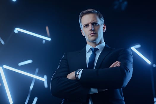 Confident businessman, arms crossed, neon lights, studio photo