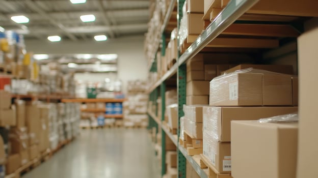 Warehouse aisle, cardboard boxes, inventory, logistics, storage photo