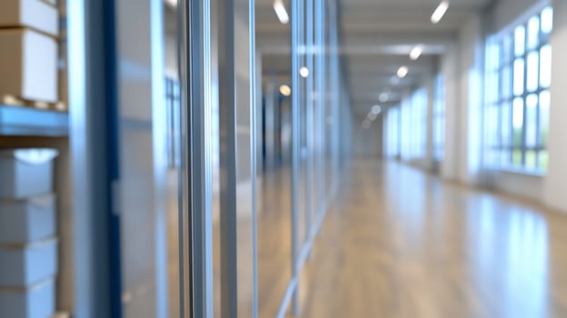 Modern warehouse hallway, storage, sunlight, boxes photo