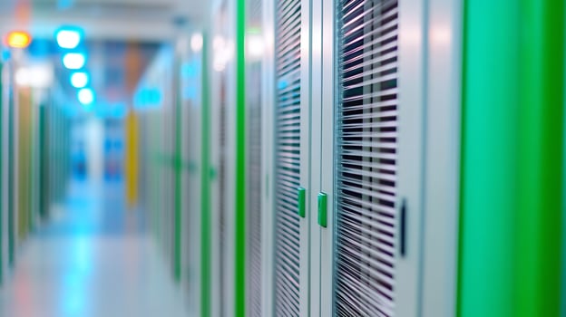 Server room corridor, data center, rows of cabinets, network infrastructure, technology photo
