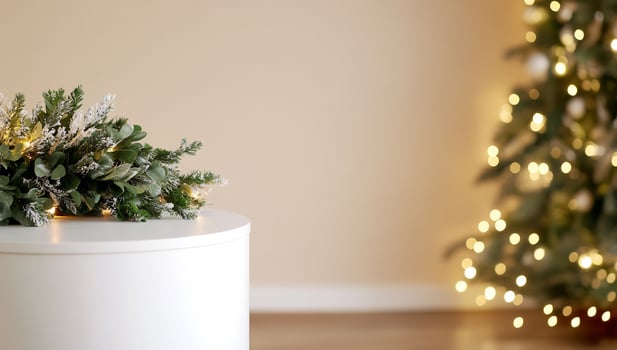 Festive greenery on pedestal, Christmas tree background, holiday decor, product display photo