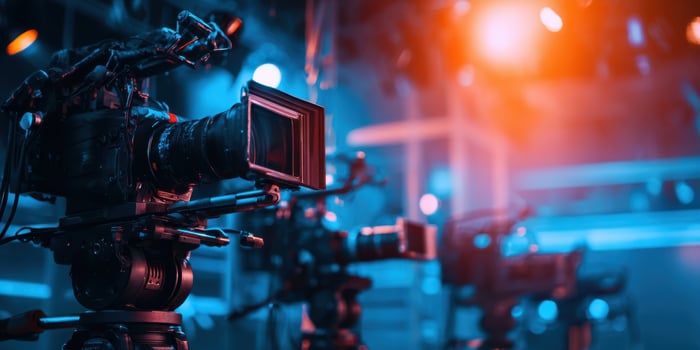 The cameras positioned in a vibrant studio setting ready for production. photo