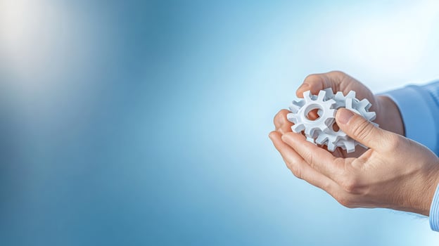 Hands holding gears, teamwork, blue background, solutions photo