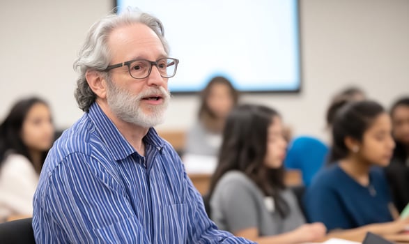 A man with glasses and a beard sitting in front of a classroom photo