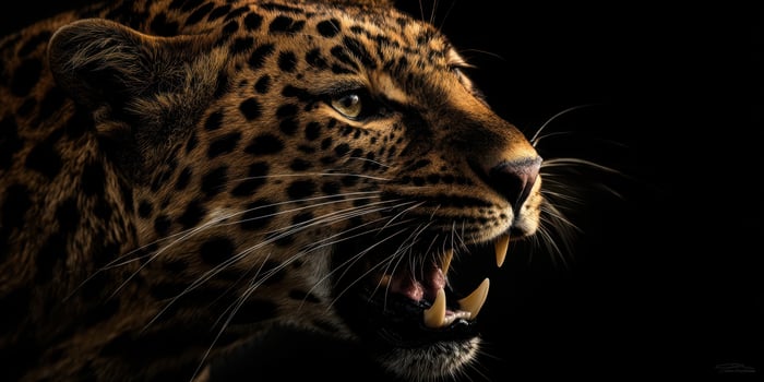 The intense face of a roaring leopard against a dark backdrop. photo