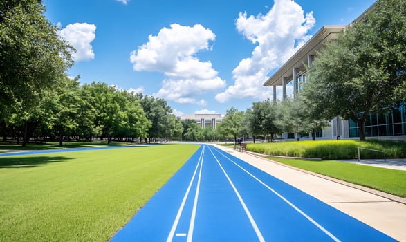 Campus running track, sunny day, green trees, modern building background, website banner photo