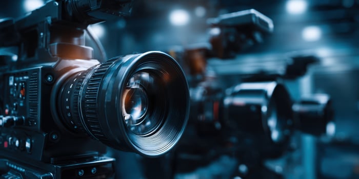 The close-up view of professional cameras in a cinematic studio environment. photo