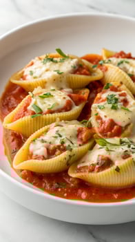 Tomato cream sauce poured over baked stuffed shells, overhead close-up photo