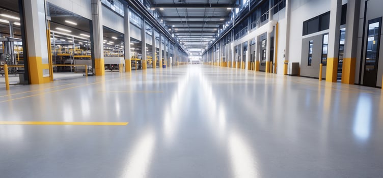 Factory floor, industrial building interior, clean, shiny, production background photo