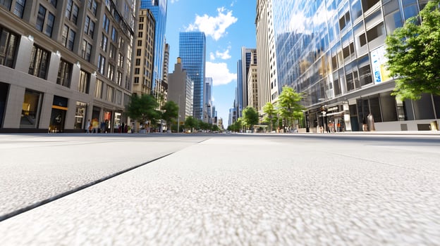 City street, pedestrians, skyscrapers, sunny day, urban background, advertising photo