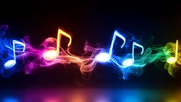Colorful music notes in smoke, dark background, abstract art, music concept photo
