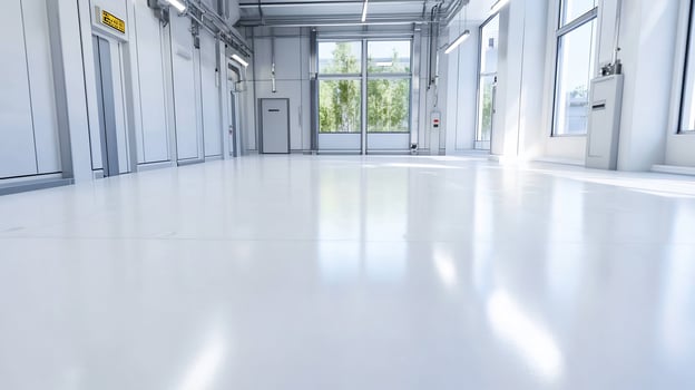Clean industrial floor, bright facility, windows, sunlight photo