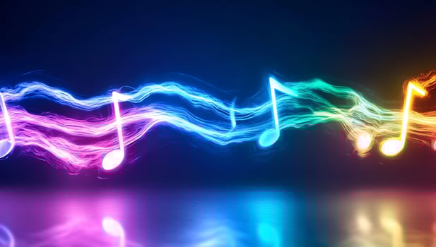 Colorful music notes flowing, dark background, vibrant energy, audio design photo