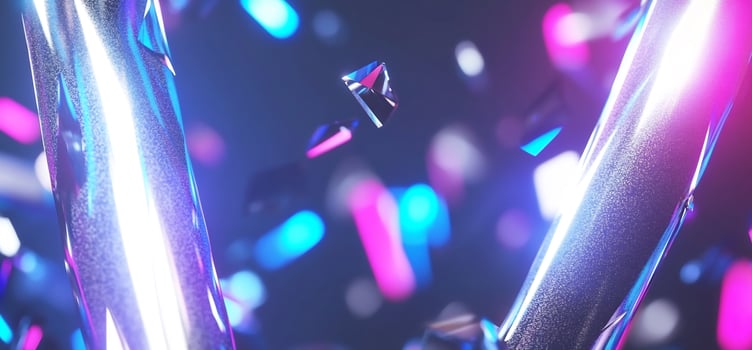 Shattered glass, neon light, dark background, abstract art, website banner photo