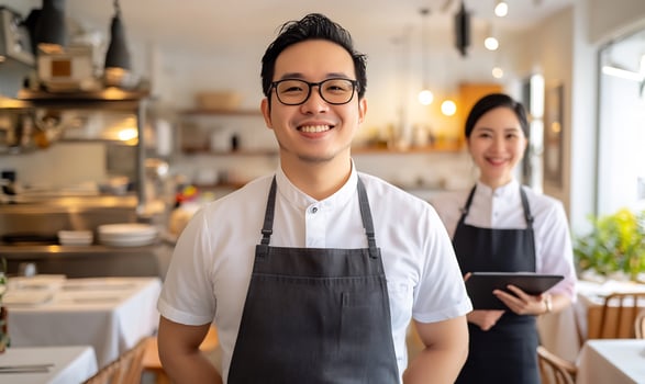Smiling restaurant owners, cafe background, service, happy photo