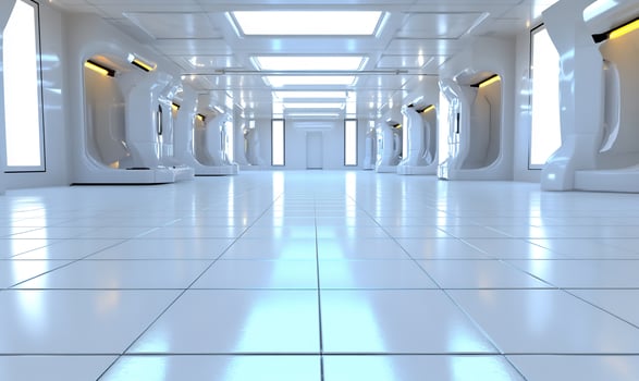 Futuristic white corridor, medical pods, bright lights, clean floor, scifi setting photo