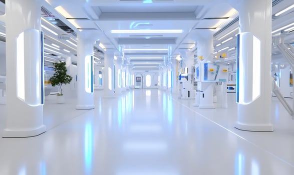 Futuristic white corridor, lab equipment, plant, bright lighting photo