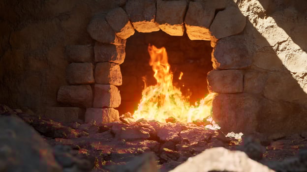 Stone fireplace fire, desert background, warmth photo