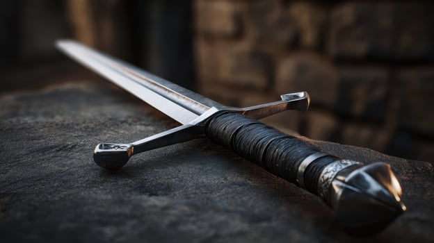 The intricate design of a medieval sword resting on a stone surface photo
