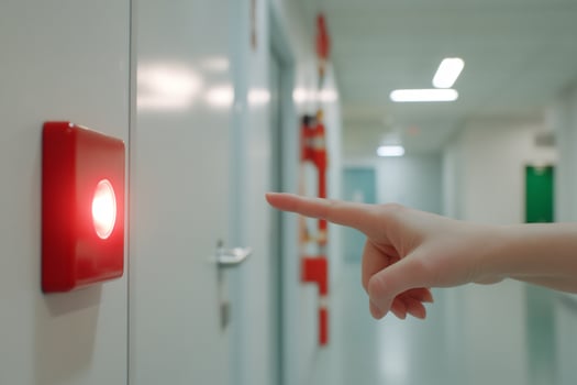 Hand pressing red alarm button in corridor photo