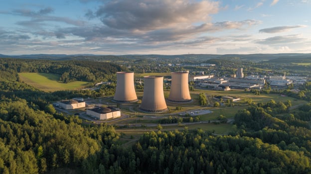 The cooling towers of a nuclear power plant surrounded by lush green landscape. photo