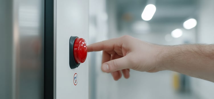 Hand pressing red button, factory hallway photo