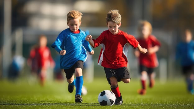 The energetic young soccer players racing across the grassy field during practice. photo