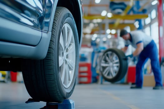Car tire change, mechanic, workshop, service, background blurry photo
