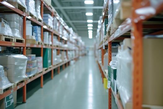 Warehouse aisle, inventory storage, boxes, logistics, distribution center photo