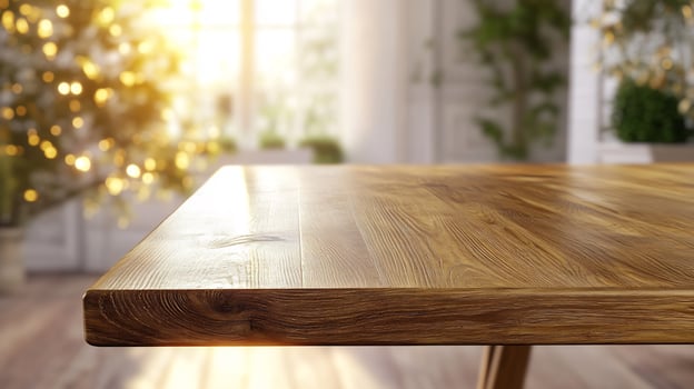 Wooden table, Christmas lights, sunlit room, holiday photo