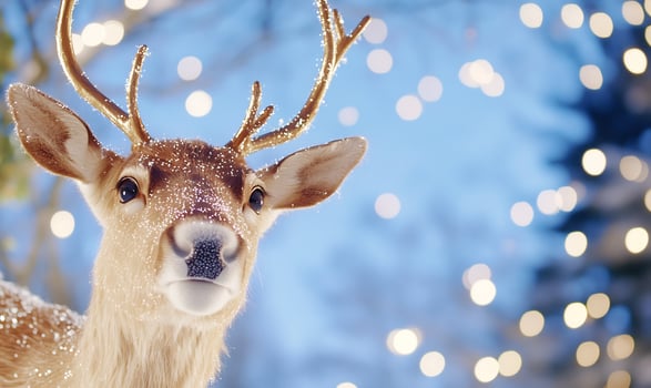 Reindeer winter portrait, festive lights photo