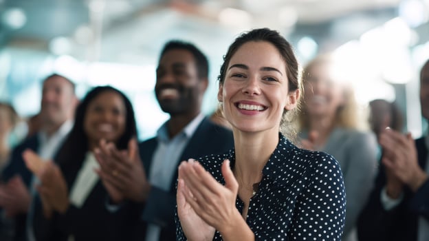 The woman smiling and applauding in an engaged corporate audience during a presentation. photo