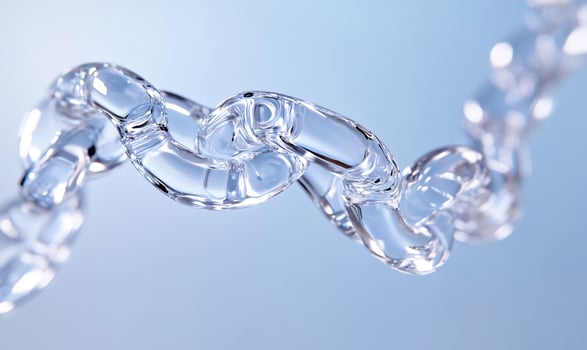 Transparent chain links, flowing, blue background, connection concept, website banner photo