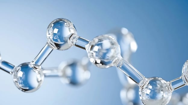 Glass molecule model, science, research, blue background, medical illustration photo