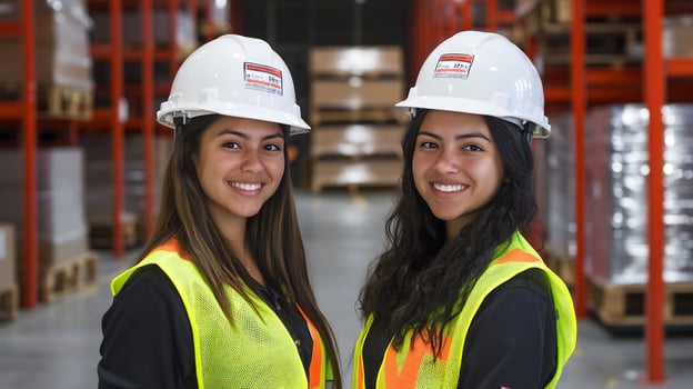 Two women in hard hats standing in a warehouse photo