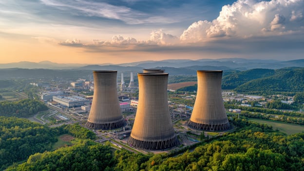 The Cooling Towers of a Power Plant Surrounded by Scenic Landscape and Mountains photo