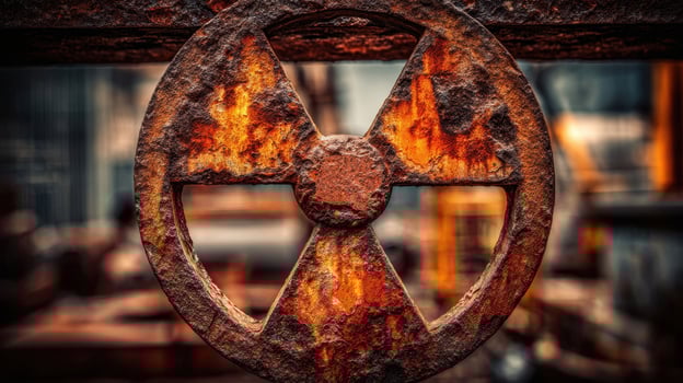 The rusty radiation symbol highlighting decay and industrial abandonment photo