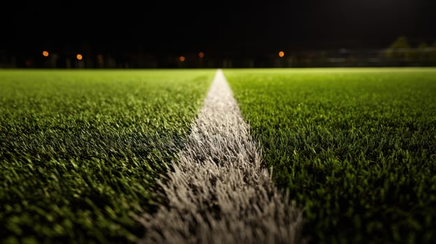 The vibrant soccer field illuminated under night lights with fresh grass. photo