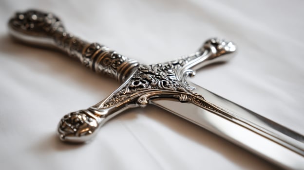 The ornate silver sword with intricate detailing and exquisite craftsmanship. photo