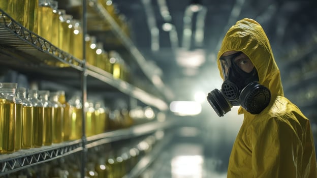 The individual in a yellow suit surrounded by hazardous materials in a lab. photo