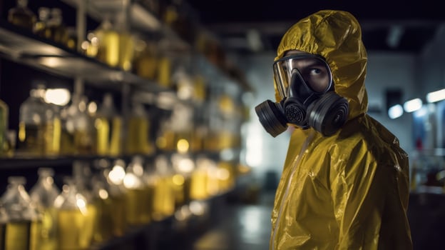 The individual in protective gear examines hazardous materials in a laboratory setting. photo