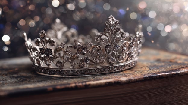 The elegant crown adorned with sparkling jewels on a vintage book. photo