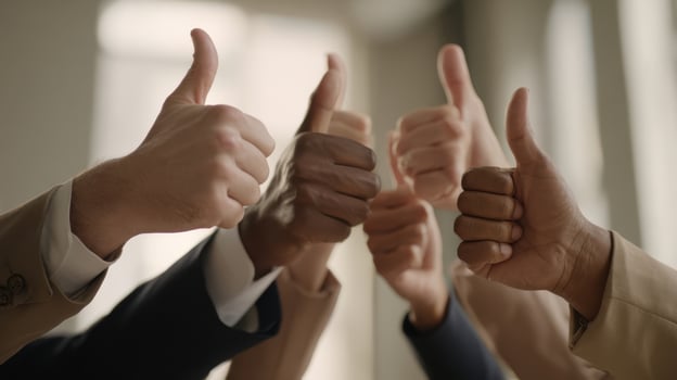 The thumbs-up gesture symbolizing positivity and teamwork in a corporate environment. photo